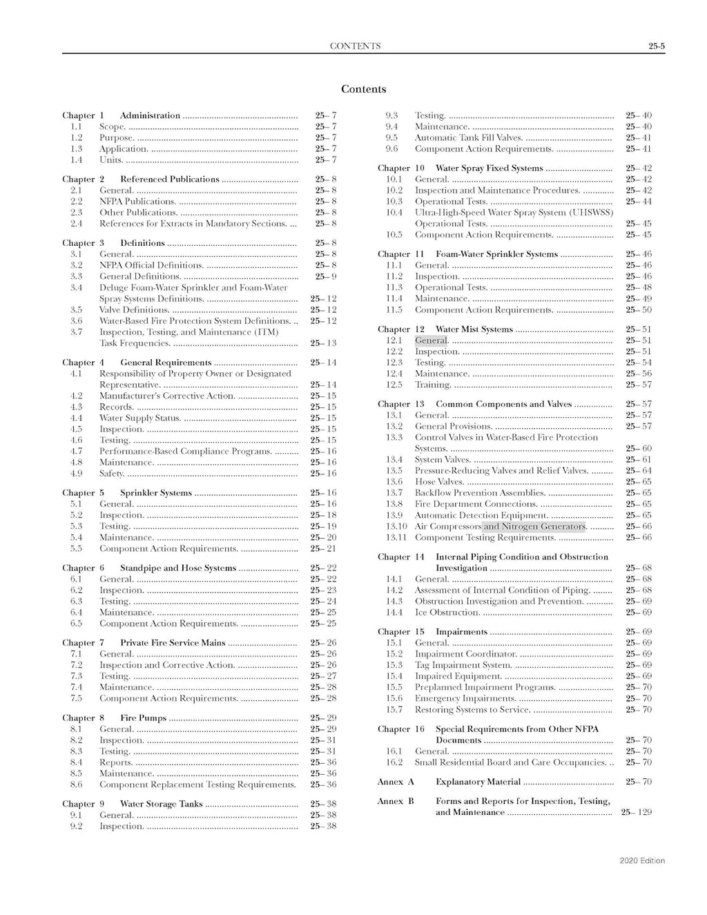 NFPA 25: Standard for the Inspection, Testing, and Maintenance of Water-Based Fire Protection Systems, 2020 Edition
