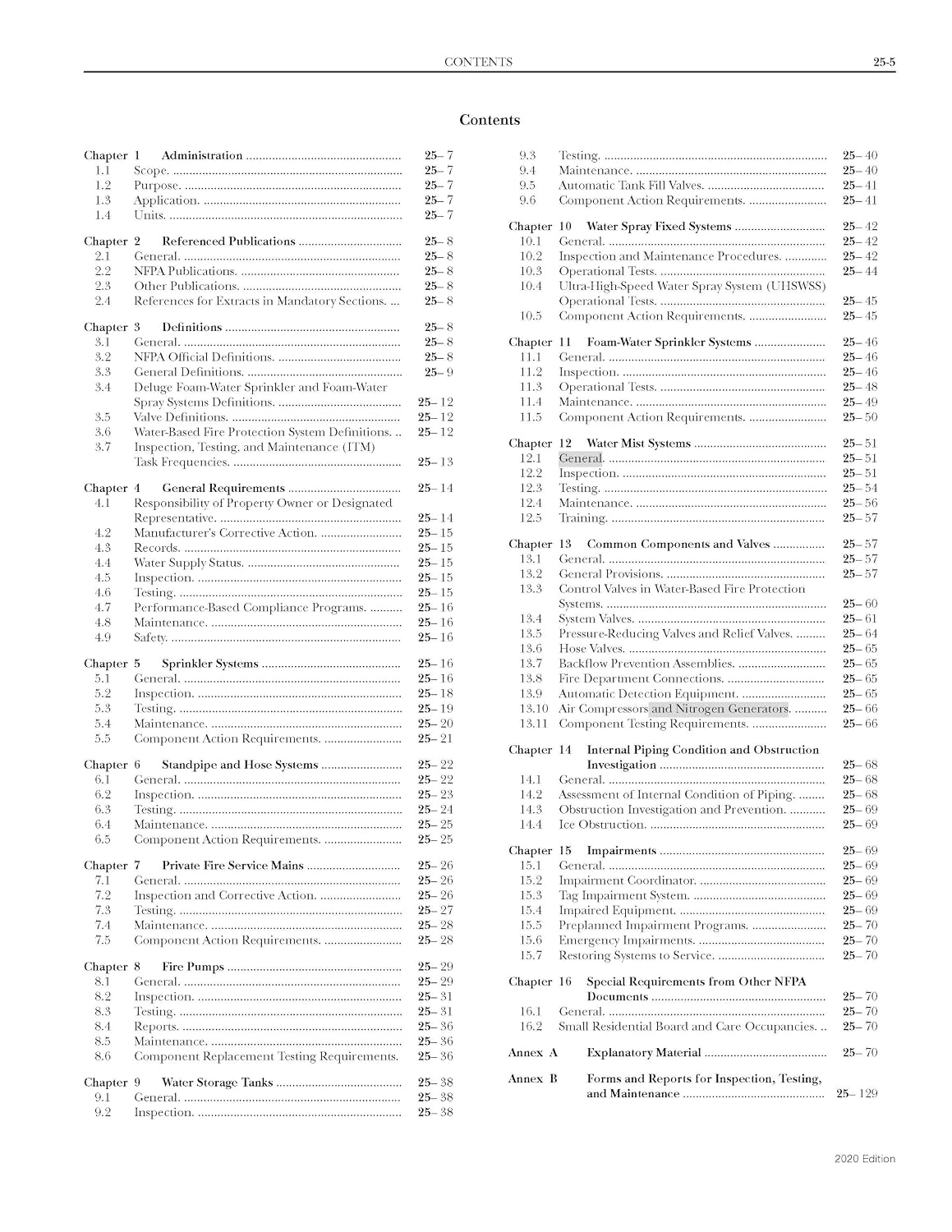 NFPA 25: Standard for the Inspection, Testing, and Maintenance of Water-Based Fire Protection Systems, 2020 Edition